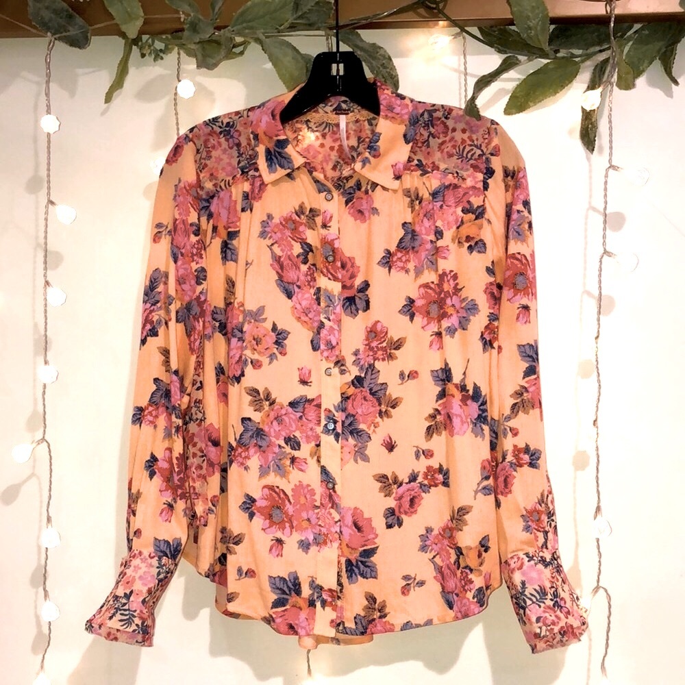 Free People Hold On To Me Button Down Shirt Coral Combo - Picture 8 of 15